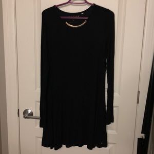 Worn condition, soft black dress with gold neck
